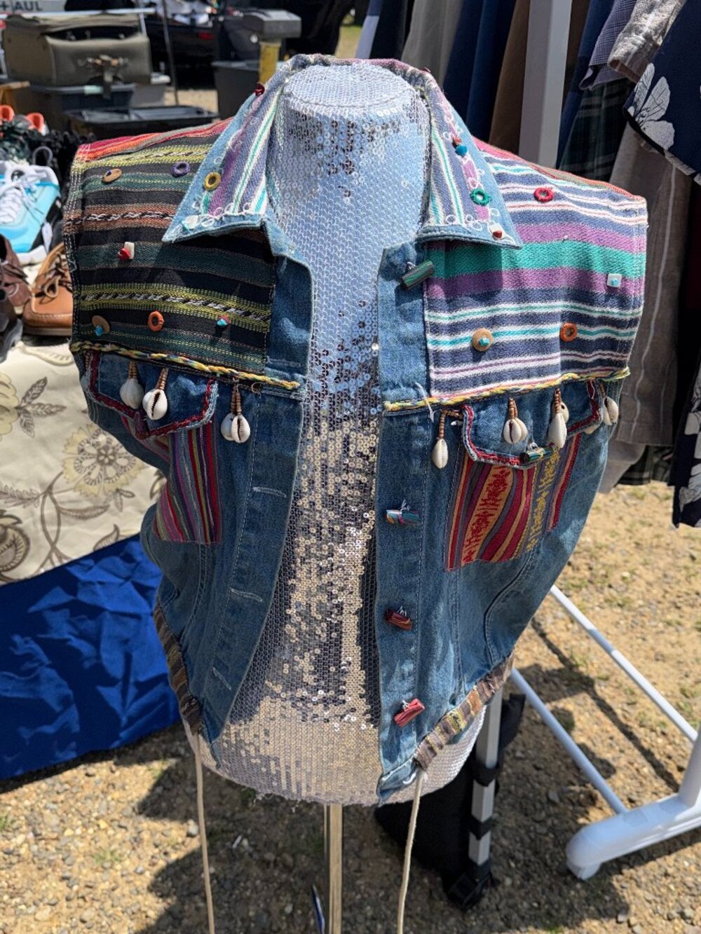 Jou Jou Vintage Embellished Denim Patchwork Vest Cowrie Shell Sequin Medium